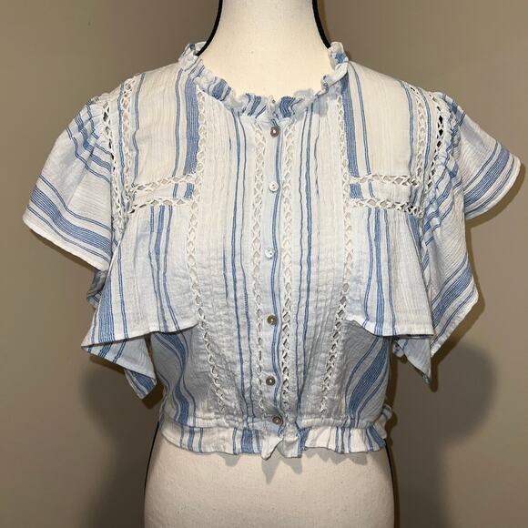 LoveShackFancy Nora Handkerchief Crop Top Blue Stripes Flutter Sleeve Size M - Picture 2 of 12